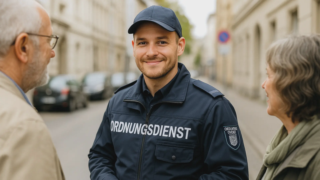 KI generiertes Bild eines Ordnungsdienstmitarbeiters in dunkelblauer Uniform, der lächelnd zum Betrachter schaut. Davor, Ihm zugewandt und mit dem Rücken zum Betrachter, steht ein älteres Ehepaar.